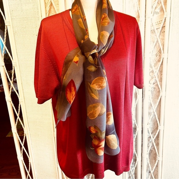 Vintage Oblong Scarf Grey Yellow Rust Leaf Print Liz Claiborne VTG 1990s - Picture 3 of 10